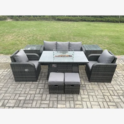 The Range Fimous Wicker Rattan 7-Piece Garden Furniture Set with Gas Fire Pit, Dark Grey. - Dark Grey