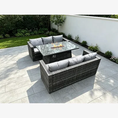 The Range 6 Seater Outdoor Rattan Garden Furniture Gas Fire Pit Dining Table Set - Dark Grey Mixed