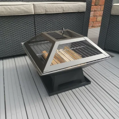 The Range Redwood Outdoor Garden Square Fire Pit Heater with BBQ Grill - Black