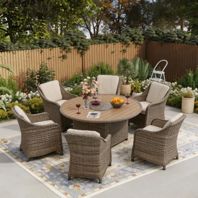 The Range 6 Seater Rattan Fire Pit Garden Furniture - Nature / 1 Round Fire Pit Table  6 Armchair