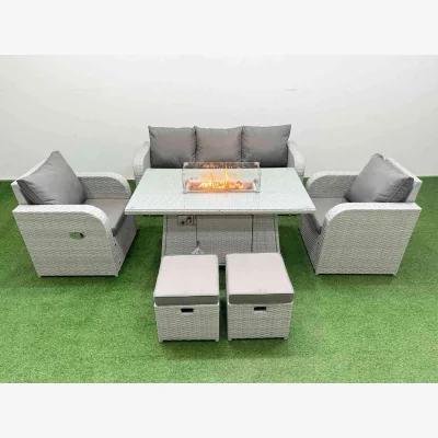 The Range Fimous PE Rattan Garden Furniture Set with Reclining Chairs and Firepit Dining Table Light Grey - Light Grey