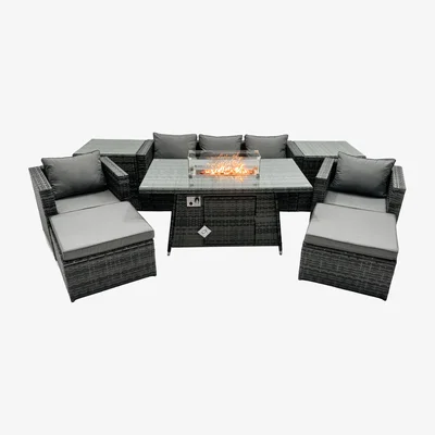 The Range Fimous Rattan Garden Firepit Dining Set 7-Seater. - Dark grey mixed rattan with dark grey fabric