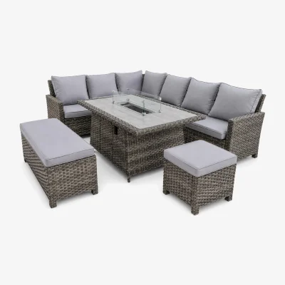 The Range The Rosea Grey 9 Seat Corner Gas Firepit Rattan Dining Set - Grey