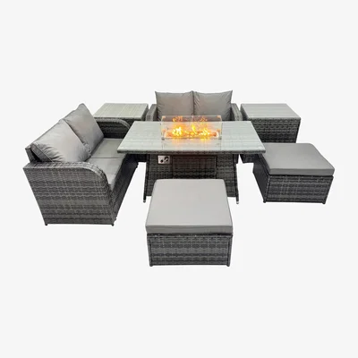The Range Fimous 6-Seater Patio Gas Firepit Rattan Dining Set Dark Grey - Dark Grey Mixed