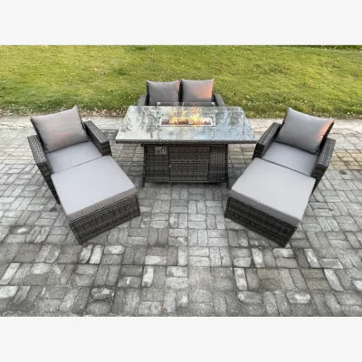 The Range Fimous 6 Seater Rattan Garden Furniture Set with Gas Fire Pit. - Dark grey mixed rattan with dark grey fabric
