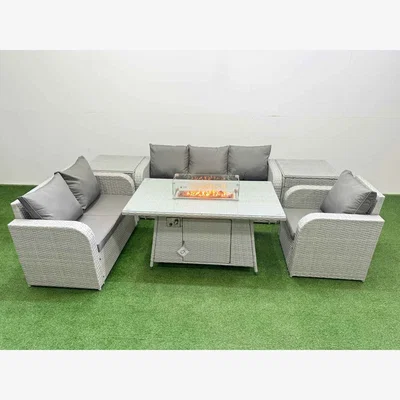 The Range Fimous 6-Seater Outdoor PE Wicker Rattan Set with Firepit Table Light Grey - Light Grey