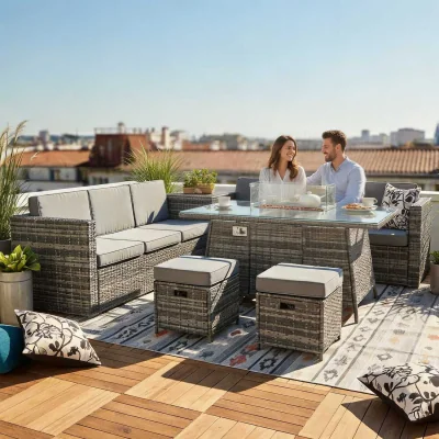 The Range BIRCHTREE 8-Seater Rattan Furniture Set with Fire Pit Table RFS10