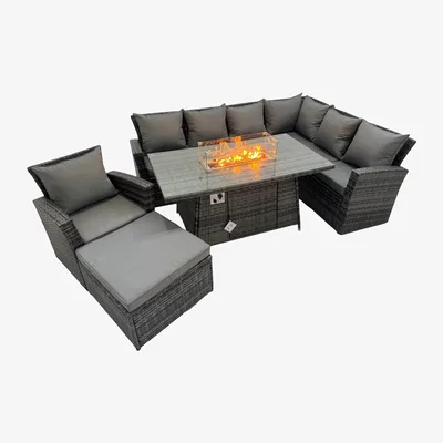 The Range Fimous 8 Seater Rattan Gas Fire Pit Corner Sofa Dining Set - Dark Grey Mixed