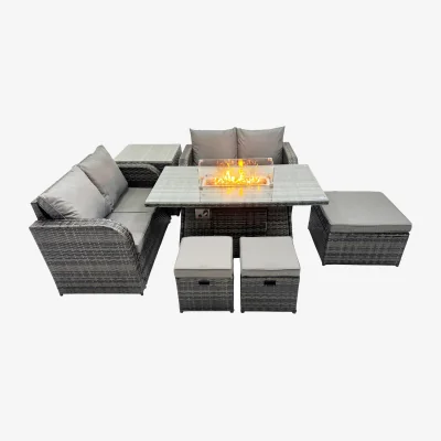 The Range Fimous 7-Seater Rattan Gas Fire Pit Dining Set, Dark Grey - Dark grey mixed rattan with dark grey fabric