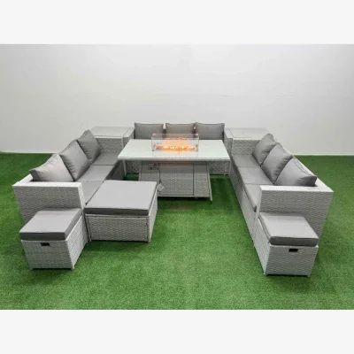 The Range Fimous PE Rattan Lounge Set with Fire Pit Table, 3 x Three-Seater Sofas, Light Grey - Light Grey