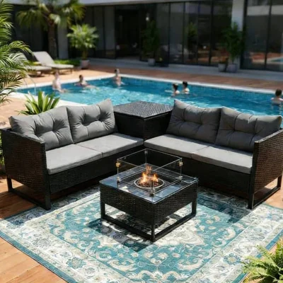 The Range BIRCHTREE Rattan Furniture Set 4-Seater with Fire Pit Table Side Storage RFS11 - Black