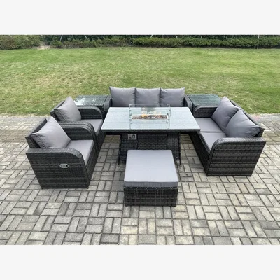 The Range Fimous 8-Seater PE Wicker Outdoor Rattan Garden Furniture Set with Propane Fire Pit Table - Dark Grey