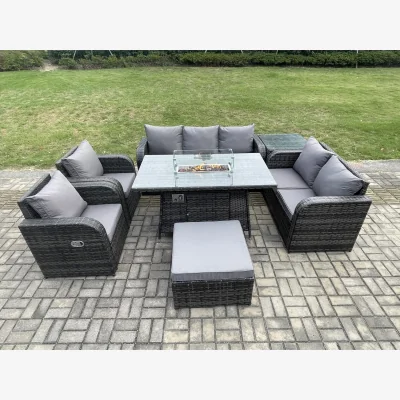 The Range Fimous PE Rattan Outdoor Garden Furniture Set with Propane Fire Pit Table and Reclining Chairs - Dark Grey
