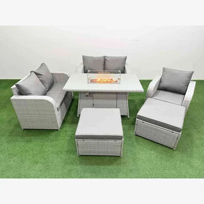 The Range Fimous 5-Piece Poly Rattan Patio Set with Firepit - Light grey