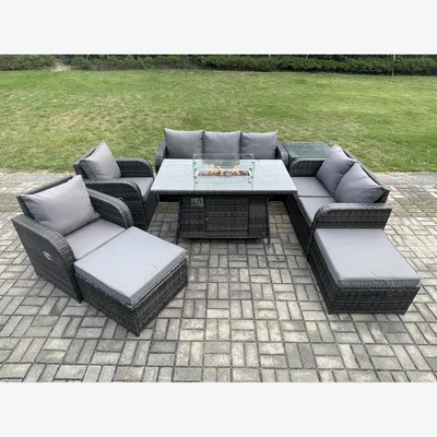 The Range Fimous 9-Seater PE Wicker Outdoor Rattan Furniture Set with Propane Fire Pit Table - Dark Grey
