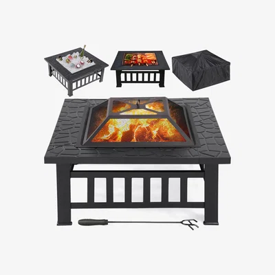 The Range Outdoor Square Fire Pit with Poker and Cover - Black