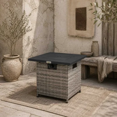 The Range Rata Faux Rattan Grey Square Gas Fire Pit Table with Mesh Lid, Rain Cover and Lava Stones