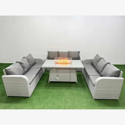 The Range Fimous 9-Seater PE Rattan Lounge Set with Firepit Dining Table, Light Grey. - Light Grey