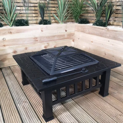 The Range Redwood Garden Square Fire Pit Heater with BBQ Grill - Black
