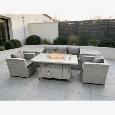 The Range Corner Rattan Garden Furniture Set Gas Fire Pit Heater Burner - Light Grey Mixed