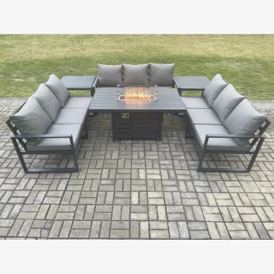 The Range Fimous Aluminium 9-Seater Patio Sofa and Gas Fire Pit Dining Set with 2 Side Tables Dark Grey. - Dark Grey
