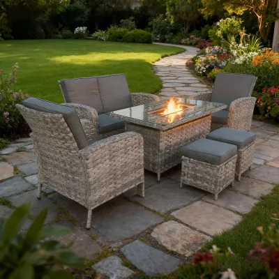 The Range 6 Person Rattan Garden Set with Fire Pit Table - Grey