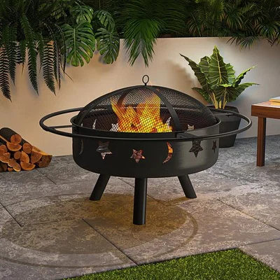 The Range Round Metal Fire Pit Bowl Garden Stove Wood Burner Heater - Black
