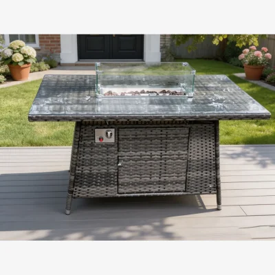 The Range Outdoor PE Rattan Propane Butane Gas Fire Pit Dining Rectangular Table - Dark Grey Mixed