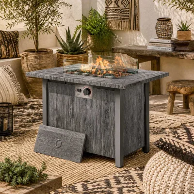 The Range Luno Rectangular Dark Grey Steel Gas Fire Pit Table with Glass Screen and Cover