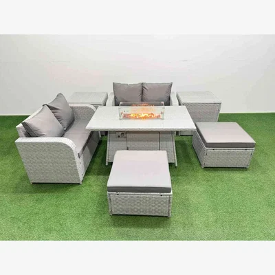 The Range Fimous 6 Seater Outdoor Rattan Garden Set with Firepit Dining Table, Light Grey. - Light Grey