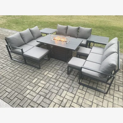 The Range Fimous Aluminium Garden Furniture Set with Gas Fire Pit Dining Table, Dark Grey. - Dark Grey
