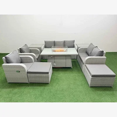 The Range Fimous 9-Piece PE Rattan Garden Furniture Set with Firepit, Light Grey - Light Grey