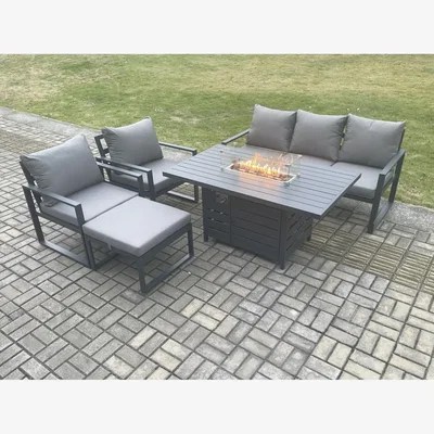 The Range Fimous Aluminium 6-Seater Garden Furniture Set with Gas Fire Pit Dining Table Dark Grey - Dark Grey