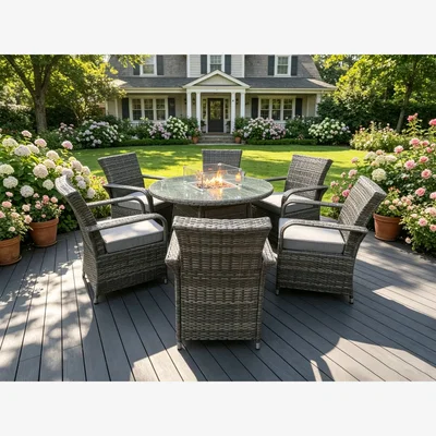 The Range 6-Seater Rattan Gas Fire Pit Dining Set - Dark Grey Mixed