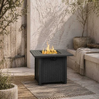 The Range Ellulo Rattan Black Square Propane Gas Fire Pit Table with Cover, Glass Beads and Lid