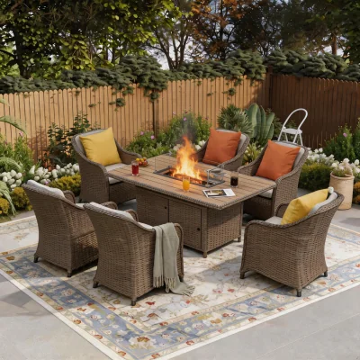The Range 6 Seater Rattan Fire Pit Garden Furniture - Nature / 1 Rectangular Fire Pit Table  6 Armchair