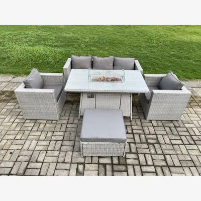 The Range Rattan Garden Furniture Set Gas Fire Pit Table Armchair Footstool