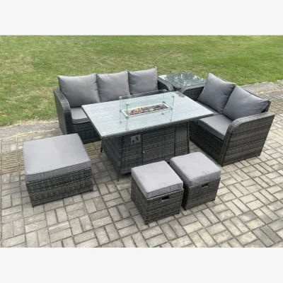 The Range Fimous Garden Patio Rattan Fire Pit Dining Set, 7-Piece Dark Grey Mixed. - Dark Grey