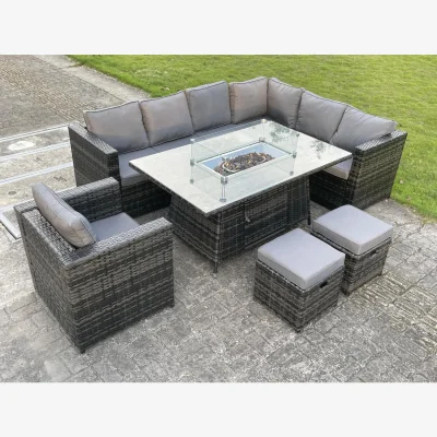 The Range Rattan 9 Seater Gas Fire Pit Corner Dining Set Chair Stools