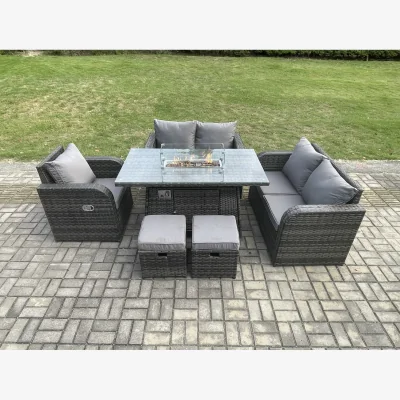 The Range Fimous 6-Piece Rattan Garden Furniture Set with Gas Fire Pit Dining Table and Reclining Chair. - Dark Grey
