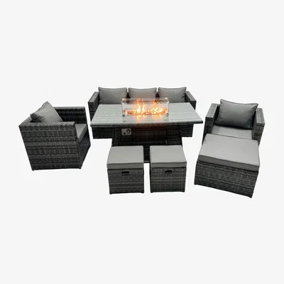 The Range Outdoor PE Rattan Garden Furniture Gas Fire Pit Table 3 Stools - Dark Grey Mixed