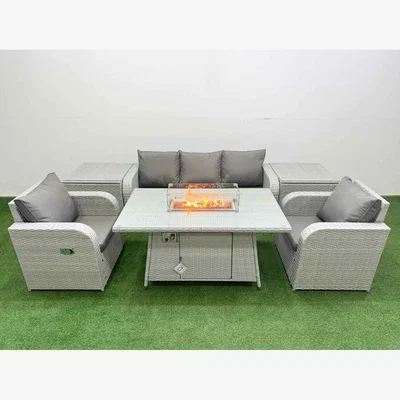 The Range Fimous PE Rattan Garden Set, Reclining Chairs, 3-Seater & Firepit, Light Grey - Light grey rattan with dark grey fabric