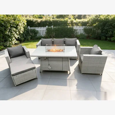 The Range Rattan Fire Pit Garden Furniture Set Gas Heater Burner Stool - Light Grey Mixed