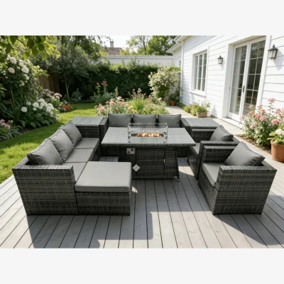 The Range Rattan 9 Seater Gas Fire Pit Dining Set Side Tables - Dark Grey Mixed