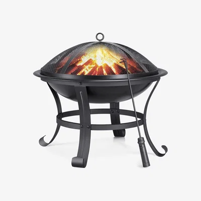 The Range Outdoor Round Fire Pit with Poker and Cover - Black