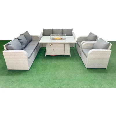 The Range Fimous PE Rattan High Back Lounge Set, 8-Seater with Reclining Chairs and Firepit Table, Light Grey. - Light Grey