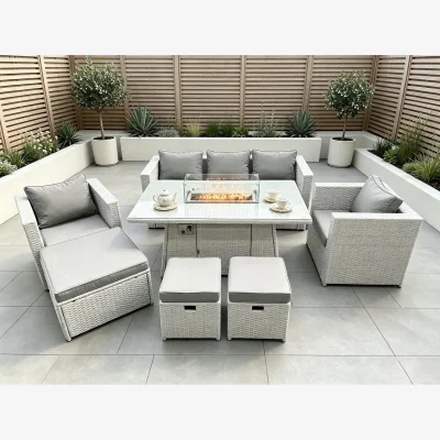 The Range Rattan Fire Pit Garden Furniture Set Gas Heater Burner Chairs - Light Grey Mixed