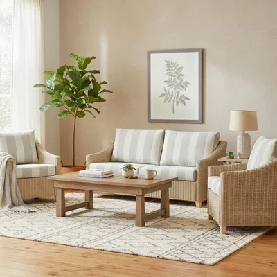 Dunelm Desser Dijon Rattan Athena Stripe 3 Seater Sofa & 2 Chairs Set