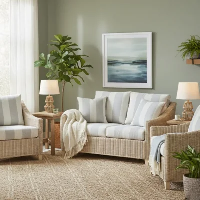 Dunelm Desser Dijon Rattan Athena Stripe 2 Seater Sofa & 2 Chairs Set