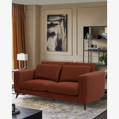 Danetti Quinn toffee red plush fabric black wood 3 seater sofa